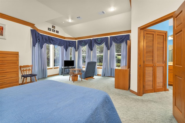 carpeted bedroom with lofted ceiling, visible vents, baseboards, and recessed lighting