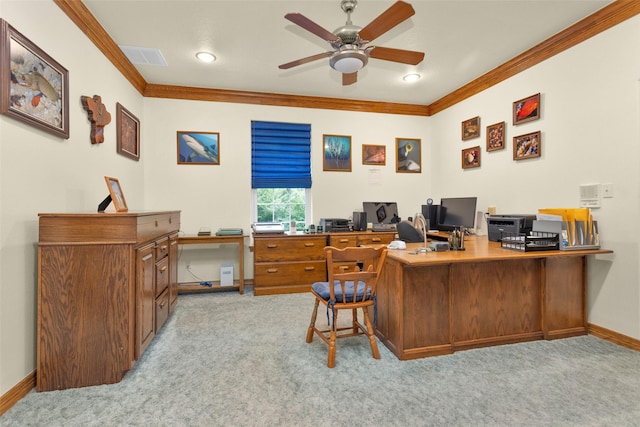 home office featuring light carpet and ornamental molding