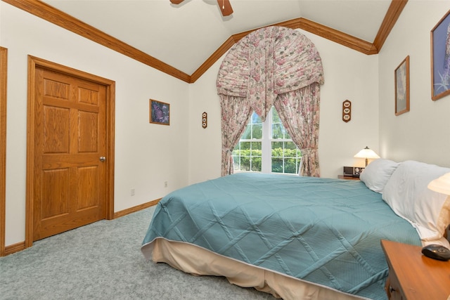 carpeted bedroom with vaulted ceiling, ceiling fan, ornamental molding, and baseboards