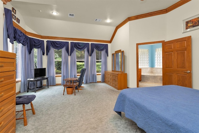 bedroom with carpet floors, visible vents, vaulted ceiling, and ornamental molding