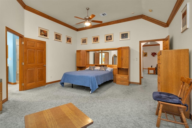 bedroom with light carpet, high vaulted ceiling, ornamental molding, and visible vents