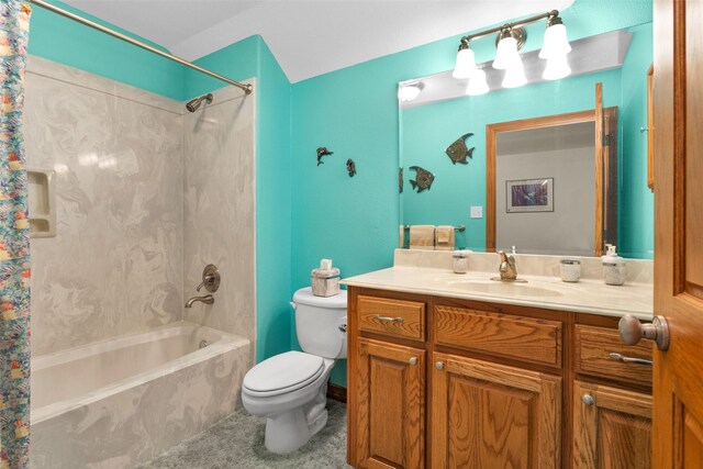 full bath featuring vanity, toilet, and shower / bathtub combination with curtain