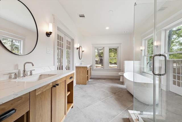 bathroom featuring vanity, independent shower and bath, and a healthy amount of sunlight