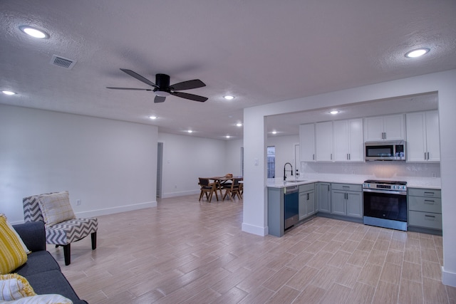 kitchen with appliances with stainless steel finishes, gray cabinets, sink, ceiling fan, and light hardwood / wood-style flooring