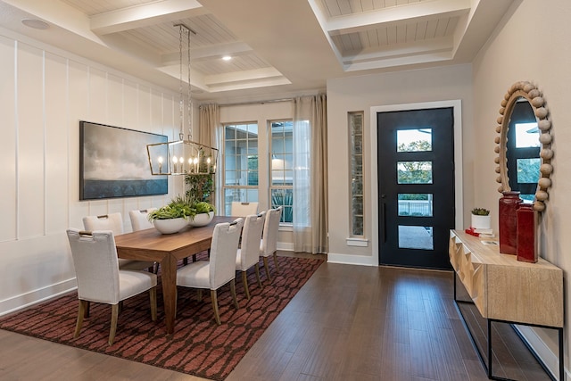 dining area featuring beam ceiling, a chandelier, wood ceiling, a raised ceiling, and dark hardwood / wood-style flooring