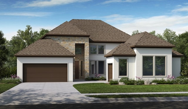 view of front of house featuring a shingled roof, concrete driveway, a front yard, a garage, and stone siding