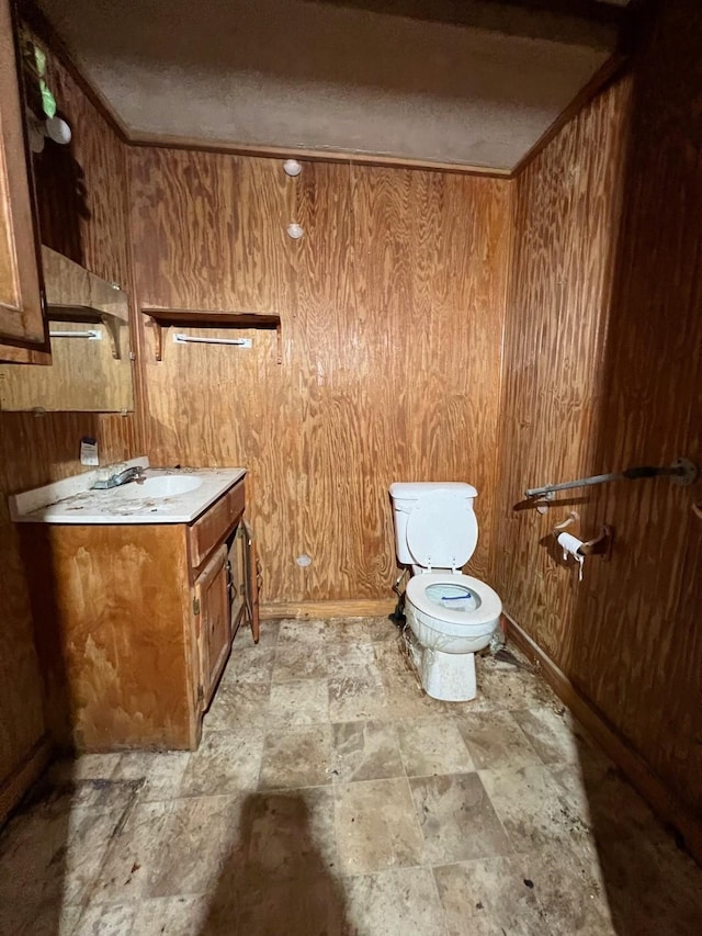 107 Thompson St, El Campo, TX 77437 - bathroom featuring stone finish flooring, toilet, vanity, wooden walls, and baseboards