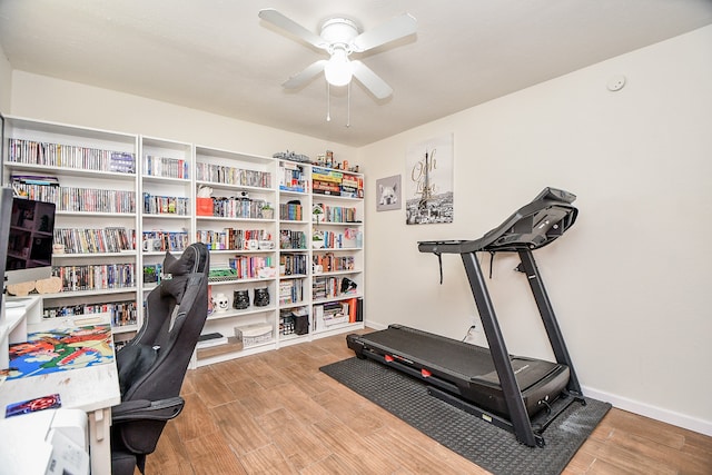 office area featuring ceiling fan and light hardwood / wood-style flooring