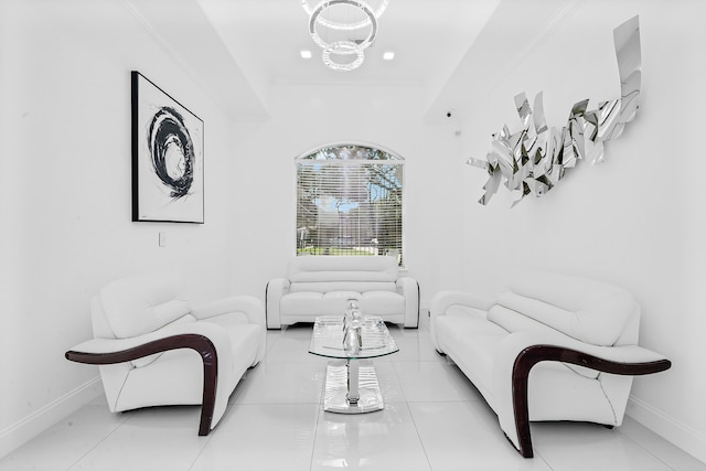 tiled living room featuring ornamental molding