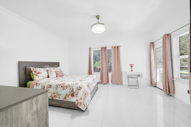 tiled bedroom with ornamental molding