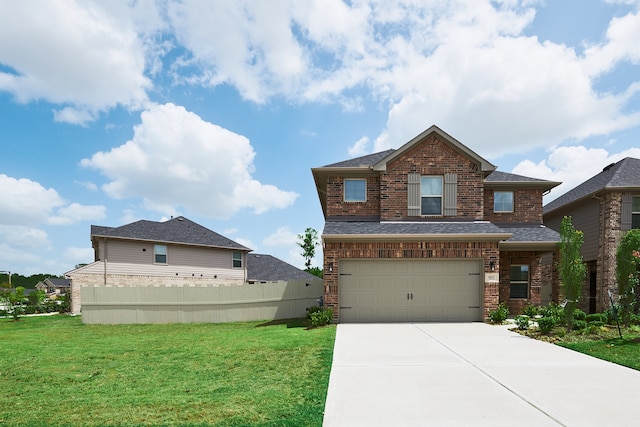 craftsman inspired home featuring a garage and a front lawn