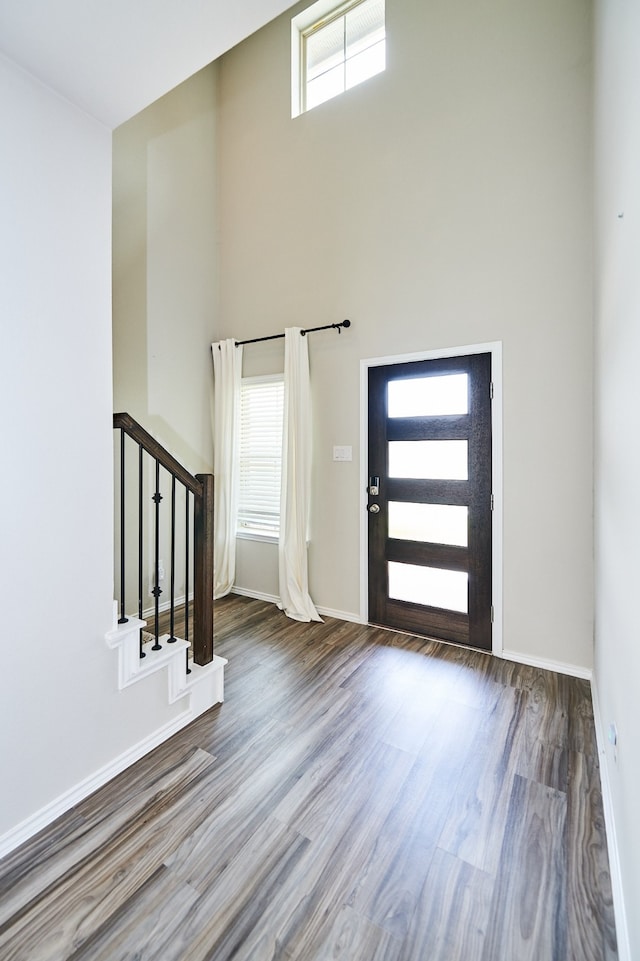 foyer featuring a wealth of natural light, wood-type flooring, and a towering ceiling