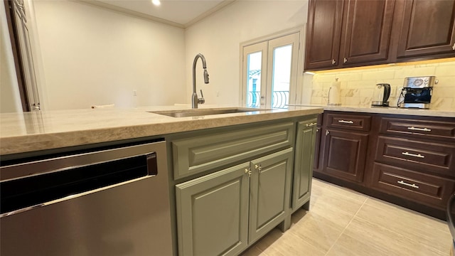 kitchen featuring sink, crown molding, dishwasher, decorative backsplash, and french doors