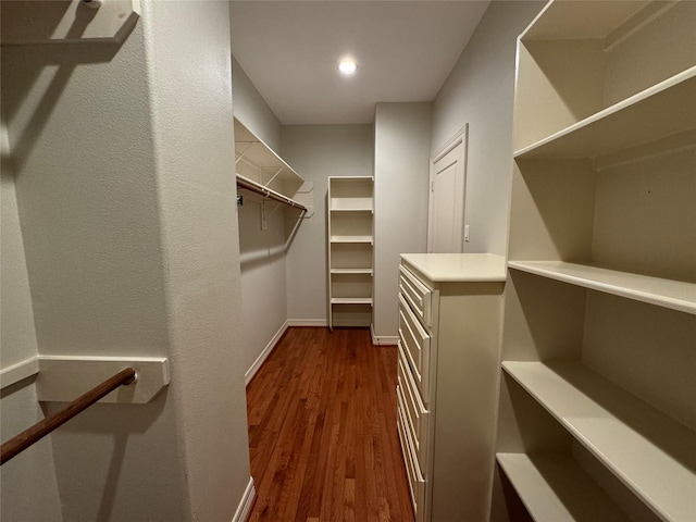 spacious closet featuring dark hardwood / wood-style floors