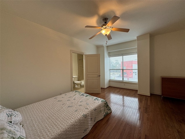 bedroom featuring dark hardwood / wood-style flooring and ceiling fan