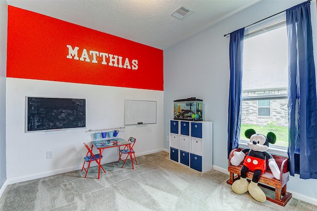 rec room with carpet, a textured ceiling, and plenty of natural light