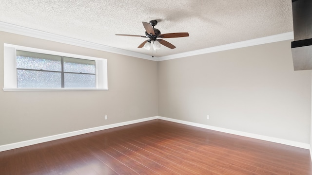 spare room featuring a textured ceiling, ornamental molding, hardwood / wood-style flooring, and ceiling fan