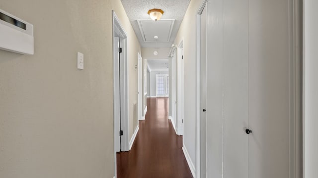 hallway featuring a textured ceiling and dark hardwood / wood-style floors