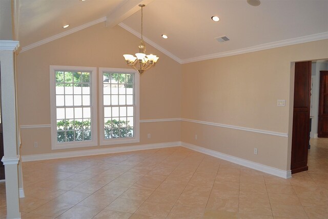 unfurnished room featuring lofted ceiling with beams, an inviting chandelier, light tile patterned floors, and crown molding