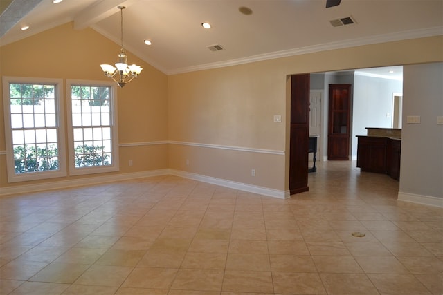 tiled spare room with high vaulted ceiling, beamed ceiling, an inviting chandelier, and ornamental molding