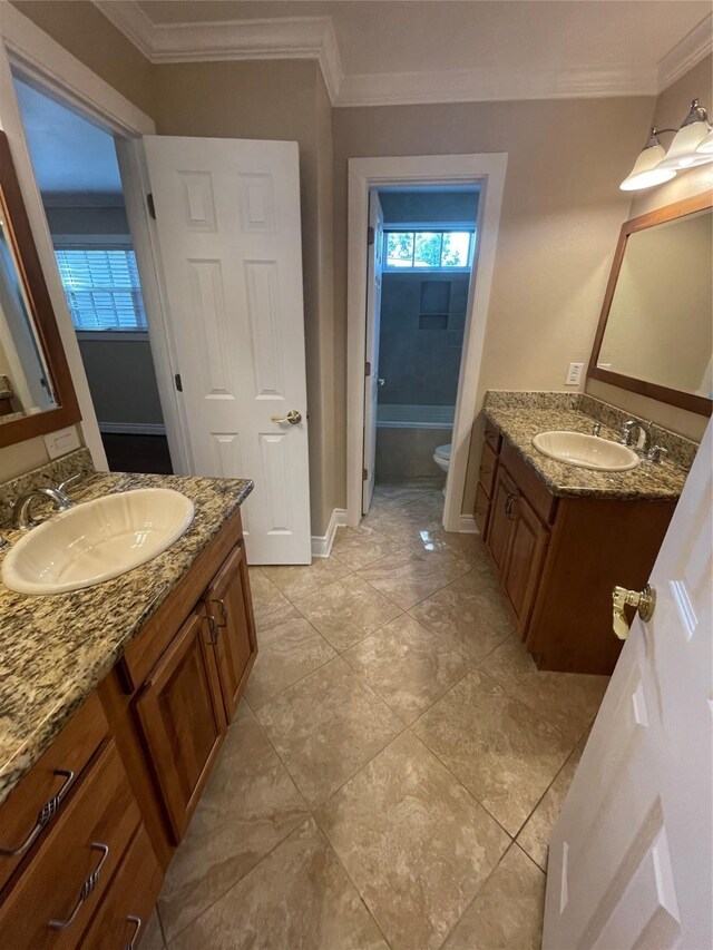 bathroom featuring vanity, toilet, and ornamental molding