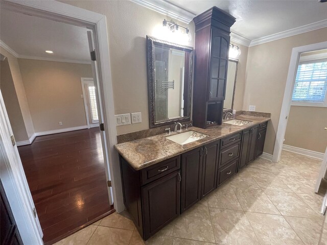 bathroom featuring wood-type flooring, vanity, and ornamental molding