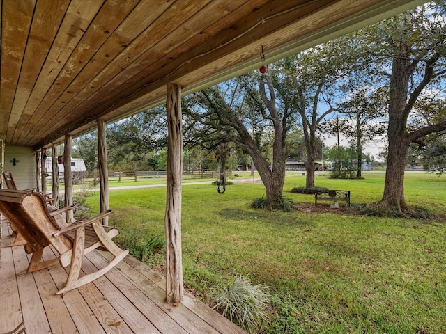 wooden terrace featuring a lawn