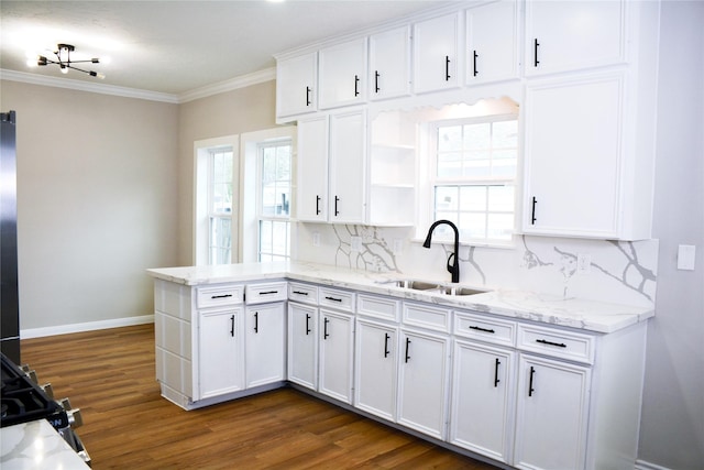 3321 Michigan St, Baytown, TX 77520 - kitchen featuring a sink, open shelves, decorative backsplash, dark wood-style flooring, and ornamental molding