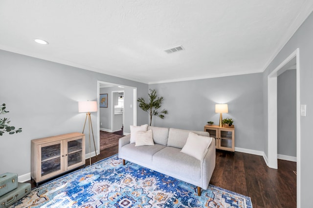 living room featuring dark wood-type flooring and crown molding