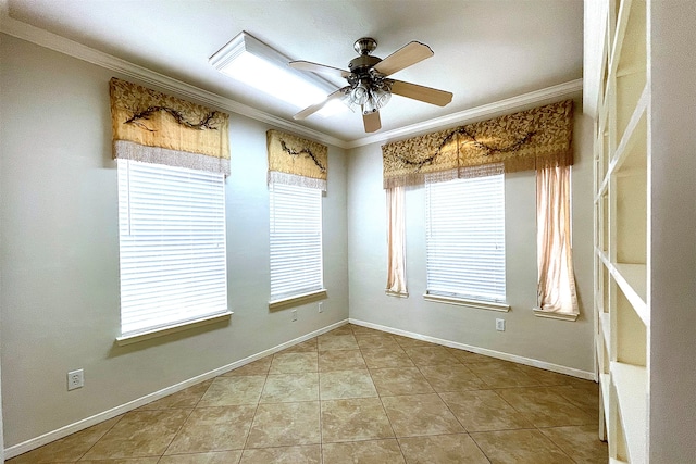 tiled empty room featuring ornamental molding and ceiling fan