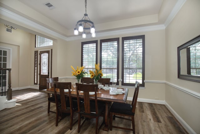 dining room with dark hardwood / wood-style floors, a raised ceiling, and plenty of natural light