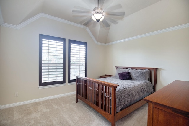 bedroom with ceiling fan, light colored carpet, vaulted ceiling, and ornamental molding