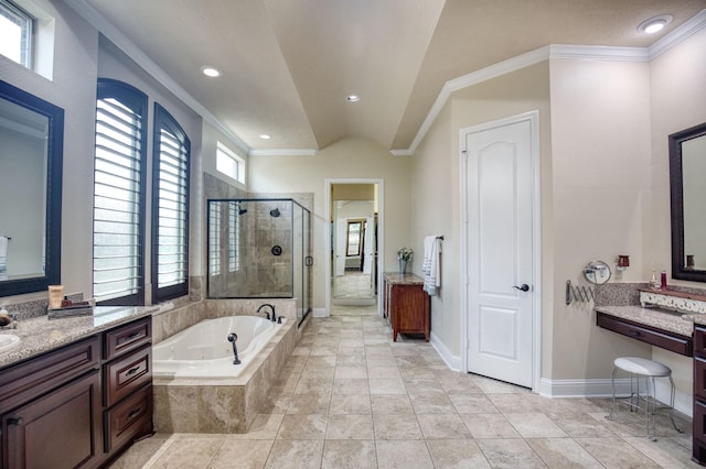 bathroom with crown molding, tile patterned flooring, vanity, and independent shower and bath