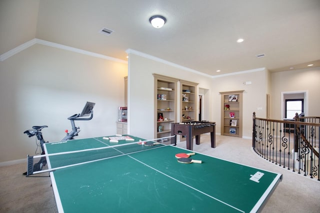 game room featuring carpet floors and ornamental molding