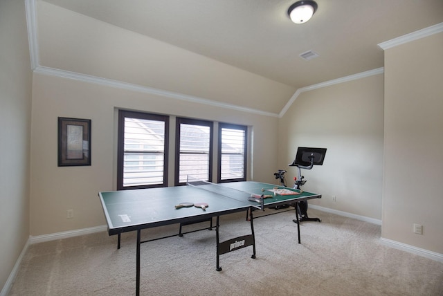 game room featuring light carpet, crown molding, and lofted ceiling