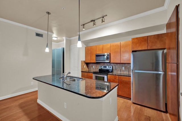 kitchen with sink, light wood-type flooring, a kitchen island with sink, and stainless steel appliances