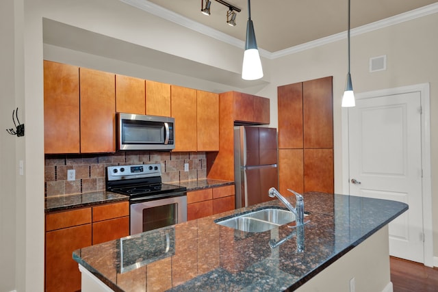 kitchen with sink, a kitchen island with sink, dark hardwood / wood-style floors, pendant lighting, and appliances with stainless steel finishes