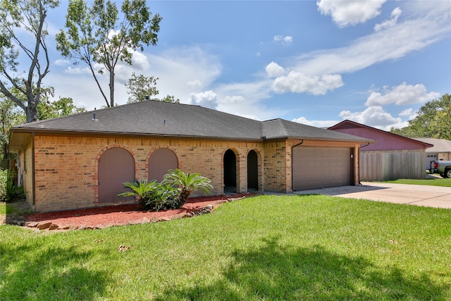 ranch-style home featuring a front lawn and a garage