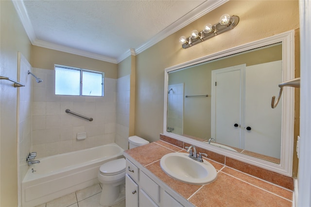 full bathroom featuring toilet, tile patterned flooring, a textured ceiling, vanity, and crown molding