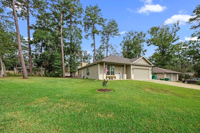 ranch-style home with a garage and a front lawn