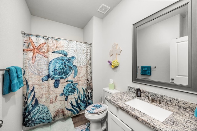 bathroom with curtained shower, wood-type flooring, toilet, and vanity