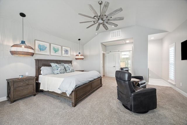 bedroom with light carpet, vaulted ceiling, multiple windows, and ceiling fan