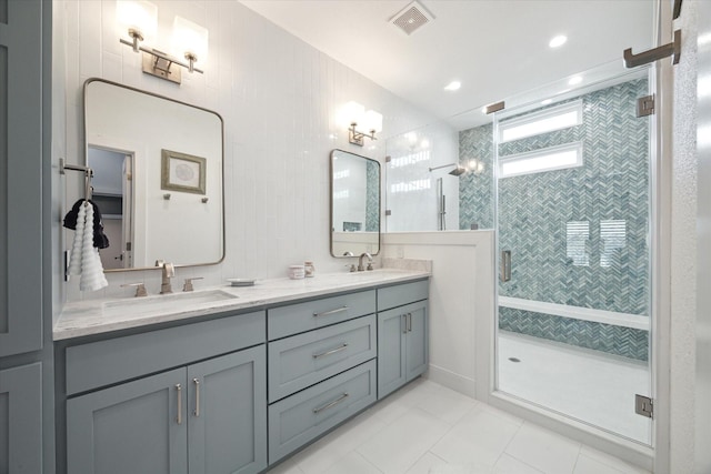 1335 Outrigger, Tiki Island, TX 77554 - full bathroom with tile patterned flooring, a shower stall, and double vanity