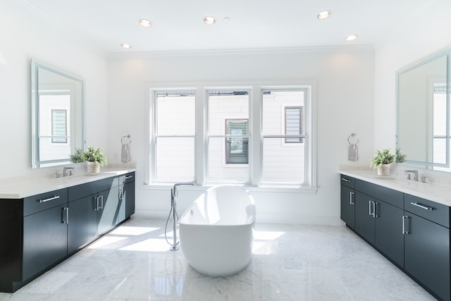 bathroom with ornamental molding, a washtub, and vanity