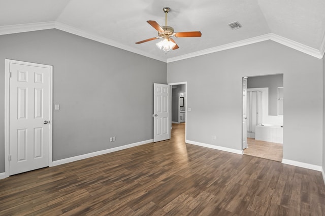 spare room featuring ceiling fan, dark hardwood / wood-style flooring, and ornamental molding