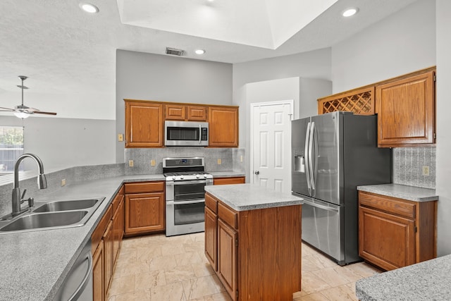 kitchen with stainless steel appliances, backsplash, a textured ceiling, sink, and a center island