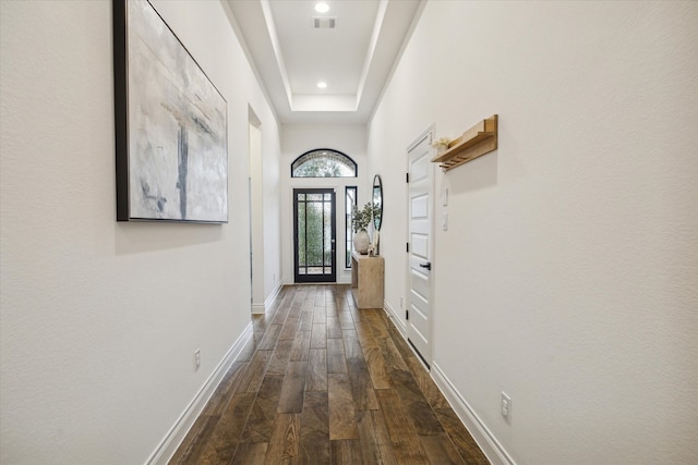 entryway featuring dark hardwood / wood-style flooring and a raised ceiling