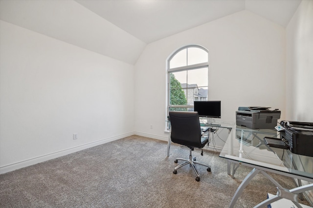 home office featuring carpet flooring and lofted ceiling