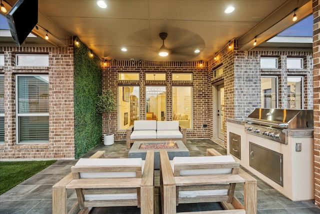 view of patio / terrace with an outdoor living space, ceiling fan, area for grilling, and grilling area