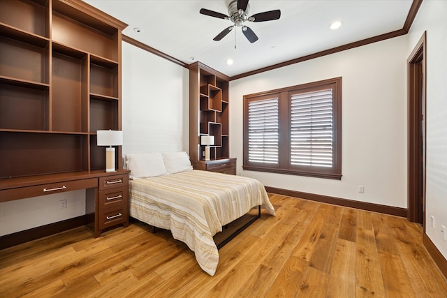 bedroom with ceiling fan, light hardwood / wood-style floors, and ornamental molding